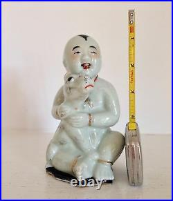 Old Chinese White Porcelain Figure Statue Happy Boy & Dog Stand