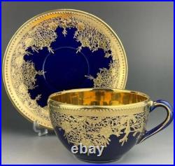 Old Nippon Gilt Cobalt Blue Cabinet Cup & Saucer, Floral Gold Overlay Circa 1910