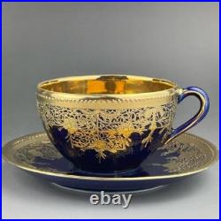 Old Nippon Gilt Cobalt Blue Cabinet Cup & Saucer, Floral Gold Overlay Circa 1910