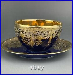 Old Nippon Gilt Cobalt Blue Cabinet Cup & Saucer, Floral Gold Overlay Circa 1910