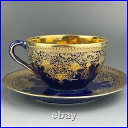 Old Nippon Gilt Cobalt Blue Cabinet Cup & Saucer, Floral Gold Overlay Circa 1910