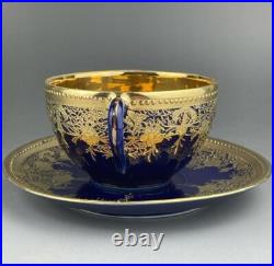 Old Nippon Gilt Cobalt Blue Cabinet Cup & Saucer, Floral Gold Overlay Circa 1910