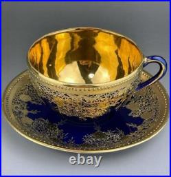 Old Nippon Gilt Cobalt Blue Cabinet Cup & Saucer, Floral Gold Overlay Circa 1910