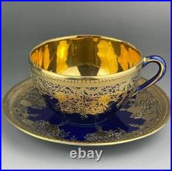 Old Nippon Gilt Cobalt Blue Cabinet Cup & Saucer, Floral Gold Overlay Circa 1910