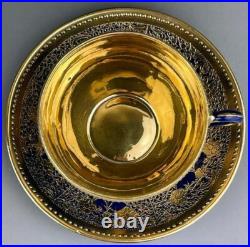 Old Nippon Gilt Cobalt Blue Cabinet Cup & Saucer, Floral Gold Overlay Circa 1910