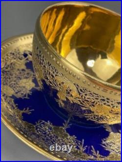 Old Nippon Gilt Cobalt Blue Cabinet Cup & Saucer, Floral Gold Overlay Circa 1910