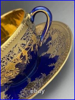Old Nippon Gilt Cobalt Blue Cabinet Cup & Saucer, Floral Gold Overlay Circa 1910