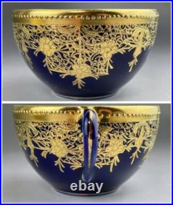 Old Nippon Gilt Cobalt Blue Cabinet Cup & Saucer, Floral Gold Overlay Circa 1910