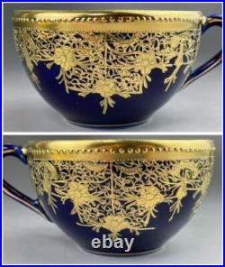 Old Nippon Gilt Cobalt Blue Cabinet Cup & Saucer, Floral Gold Overlay Circa 1910