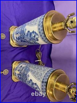PAIR Vintage Blue & White Asian Chinese Buffet Table Lamps Solid Brass WithFinials