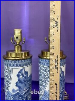PAIR Vintage Blue & White Asian Chinese Buffet Table Lamps Solid Brass WithFinials
