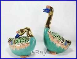 Pair (2) Chinese Famille Rose Gold Gilt Porcelain Swans/Geese Sculptures