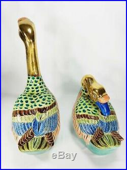 Pair (2) Chinese Famille Rose Gold Gilt Porcelain Swans/Geese Sculptures