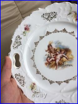 Pair Antique Cherubs Putti Angels Pierced Tab Handled Porcelain Plates Gold Rim