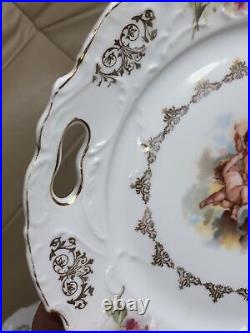 Pair Antique Cherubs Putti Angels Pierced Tab Handled Porcelain Plates Gold Rim