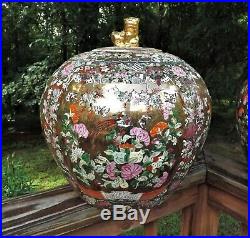 Pair Chinese Porcelain Ginger Jars with Foo Dogs Lids Golden Globes Flowers HUGE