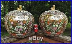 Pair Chinese Porcelain Ginger Jars with Foo Dogs Lids Golden Globes Flowers HUGE