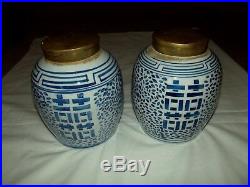 Pair GINGER JAR with Brass Gold Lid porcelain Blue Double Happiness Chinese vtg