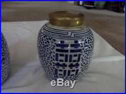 Pair GINGER JAR with Brass Gold Lid porcelain Blue Double Happiness Chinese vtg