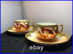 Pair Hand-Painted China Cups and Saucers PMR Gold Trimmed