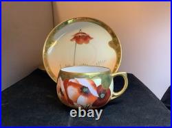 Pair Hand-Painted China Cups and Saucers PMR Gold Trimmed