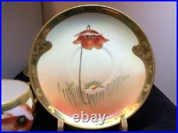 Pair Hand-Painted China Cups and Saucers PMR Gold Trimmed