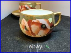 Pair Hand-Painted China Cups and Saucers PMR Gold Trimmed