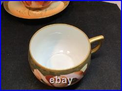 Pair Hand-Painted China Cups and Saucers PMR Gold Trimmed