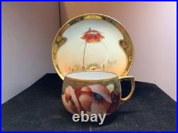 Pair Hand-Painted China Cups and Saucers PMR Gold Trimmed