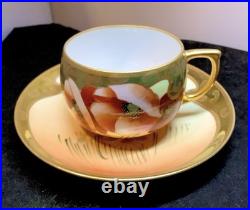 Pair Hand-Painted China Cups and Saucers PMR Gold Trimmed Pair Hand-Painted China Cups and Saucers PMR Gold Trimmed
