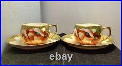 Pair Hand-Painted China Cups and Saucers PMR Gold Trimmed
