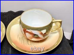 Pair Hand-Painted China Cups and Saucers PMR Gold Trimmed