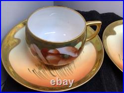 Pair Hand-Painted China Cups and Saucers PMR Gold Trimmed