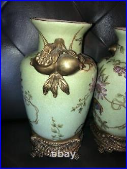 Pair Mark Roberts Gold Bronze Enamel Porcelain 11 Vases Parrots Passion Fruit