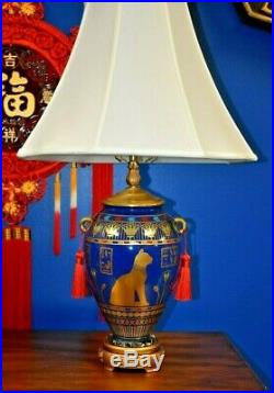 Pair Of 29 Egyptian Cat Lamps Blue & Gold Porcelain Vases Asian Ceramic