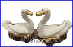Pair Of Old Gilt Chinese Export Porcelain Ducks On Fitted Wood Base 7 1/4 Lengt