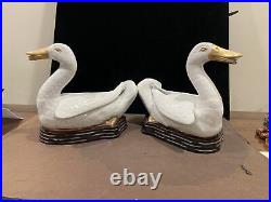 Pair Of Old Gilt Chinese Export Porcelain Ducks On Fitted Wood Base 7 1/4 Lengt