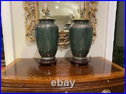 Pair Oriental Porcelain Lamps Jade-Green, Gold, Deep Rose