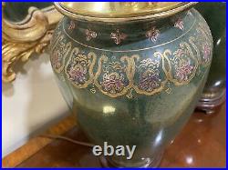 Pair Oriental Porcelain Lamps Jade-Green, Gold, Deep Rose