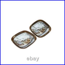 Pair Oriental Rhombus Shape Porcelain Plates Golden Scenery Graphic GB191