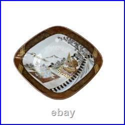 Pair Oriental Rhombus Shape Porcelain Plates Golden Scenery Graphic GB191