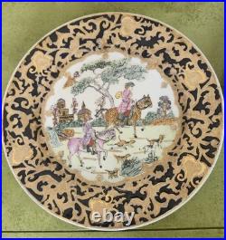 Pair Qianlong Chinese Porcelain Plates Cobalt Blue & Gold European Hunt Scene