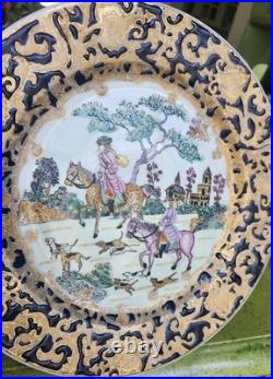 Pair Qianlong Chinese Porcelain Plates Cobalt Blue & Gold European Hunt Scene