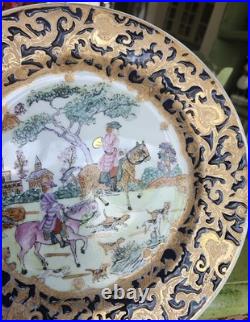 Pair Qianlong Chinese Porcelain Plates Cobalt Blue & Gold European Hunt Scene