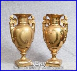Pair Sevres Porcelain Vases Gold Winged Maiden Urns