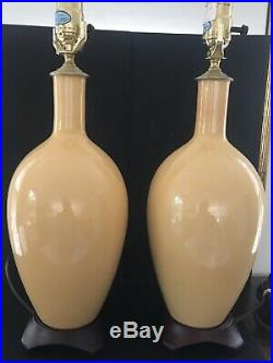 Pair VTG Golden Yellow Chinese Bottle Vase Porcelain Table Lamps