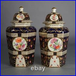 Pair of Antique Royal Crown Derby Porcelain Floral Decorated Lidded Urns c1890