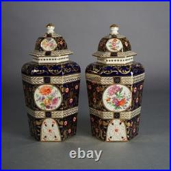 Pair of Antique Royal Crown Derby Porcelain Floral Decorated Lidded Urns c1890