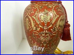 Pair of Chinese Golden Dragon Red Porcelain Vase Ginger Jar LampTassels Vintage