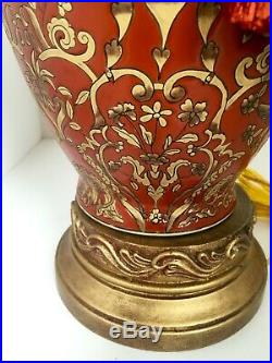 Pair of Chinese Golden Dragon Red Porcelain Vase Ginger Jar LampTassels Vintage